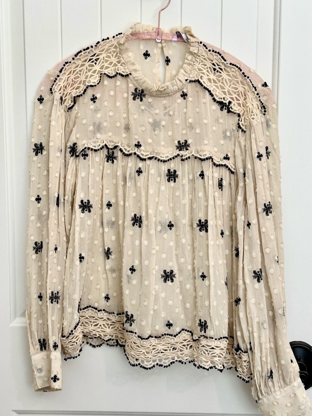 Zara Cream Sheer Blouse with Black Embroidered Motifs